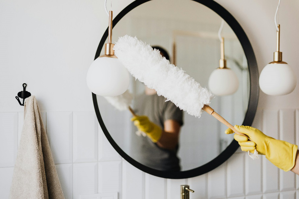 White feather duster on a mirror